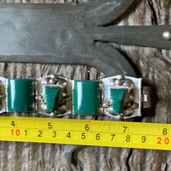 VINTAGE MEXICO JADE GLASS STERLING SILVER BRACELET - Picture 11 of 12